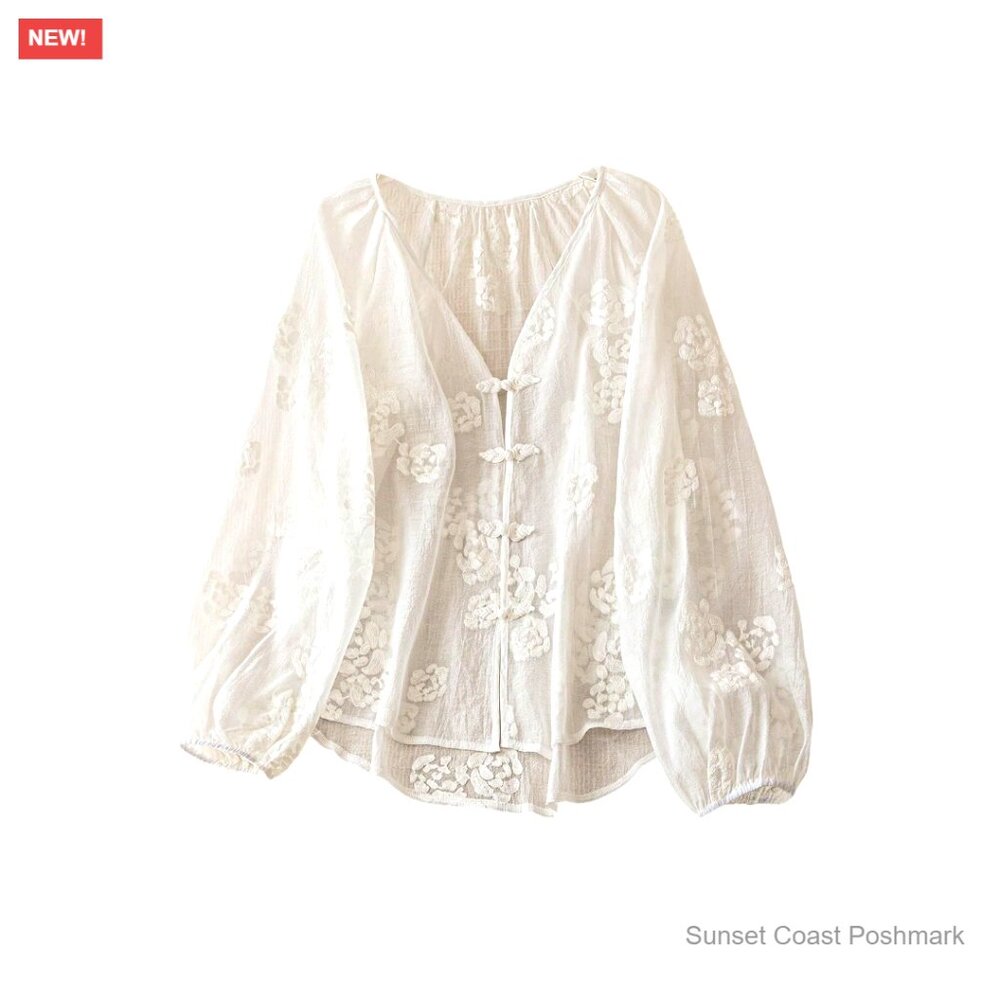 White Embroidered Peasant Blouse with Floral Tie Front Boho Relaxed Travel New